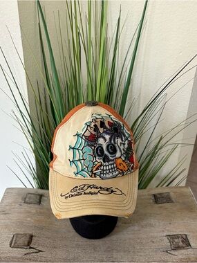 Vintage Ed Hardy Beige Orange Skull Embroidered Trucker Hat